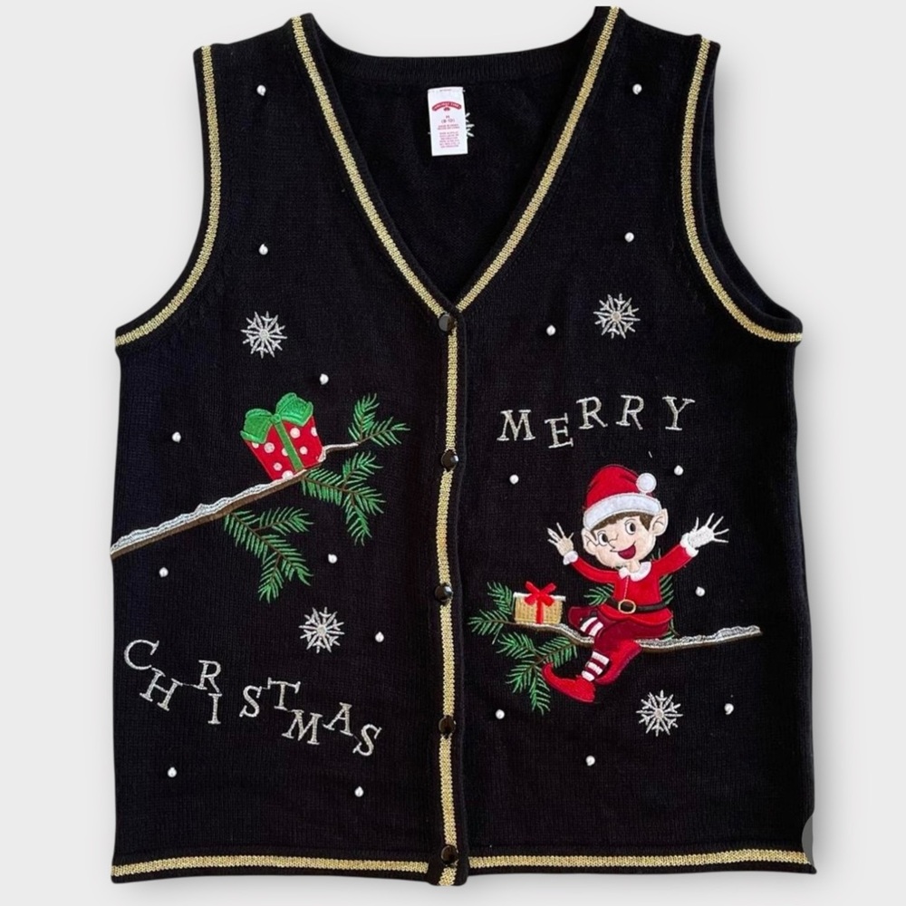 Holiday Time Embroidered Merry Christmas Elf Black Knit Sweater Vest M
